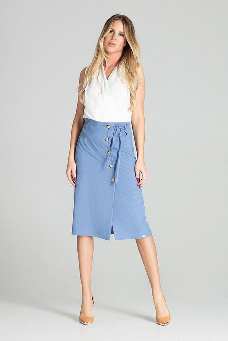 Elegant Checkered Midi Skirt with Stylish Front Overlap and Decorative Button Accents