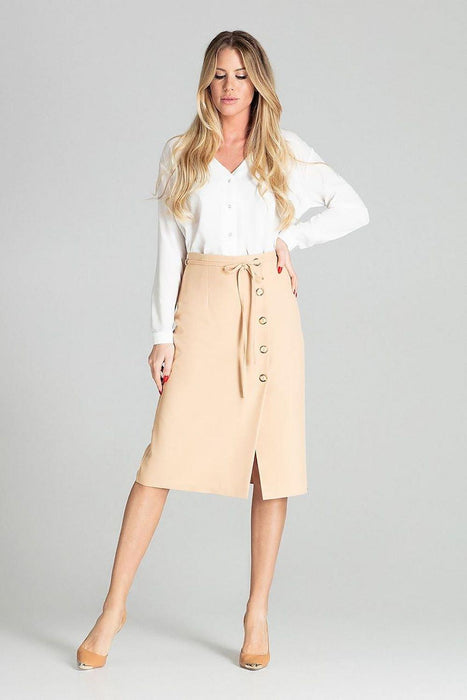 Elegant Checkered Midi Skirt with Stylish Front Overlap and Decorative Button Accents