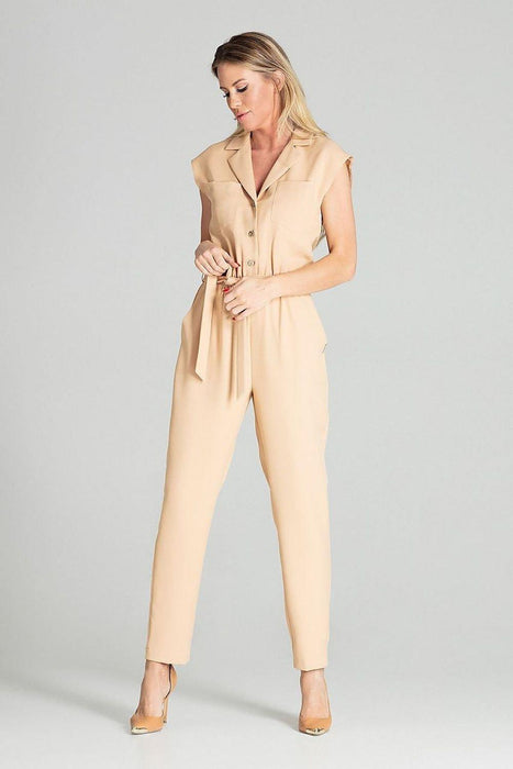 Elegant Beige Sleeveless Jumpsuit with Dropped Shoulders and Stylish Waist Belt