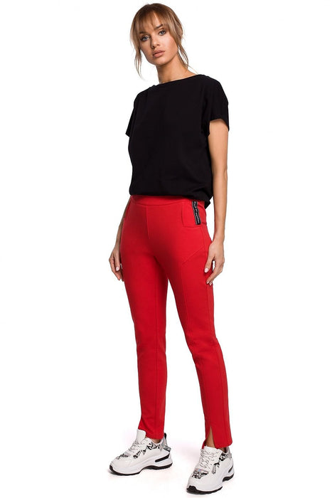 Chic Cotton Knit Slit Trousers with Distinctive Topstitching