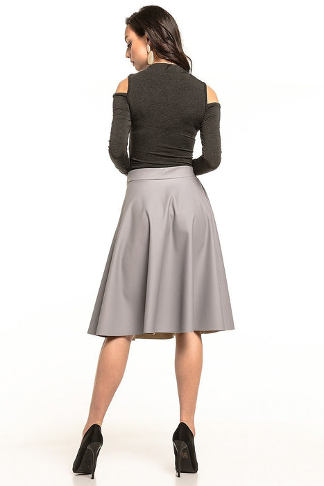 Eco-Leather Flare Midi Skirt with Decorative Side Zip