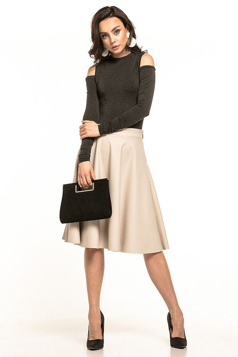 Eco-Leather Flare Midi Skirt with Decorative Side Zip