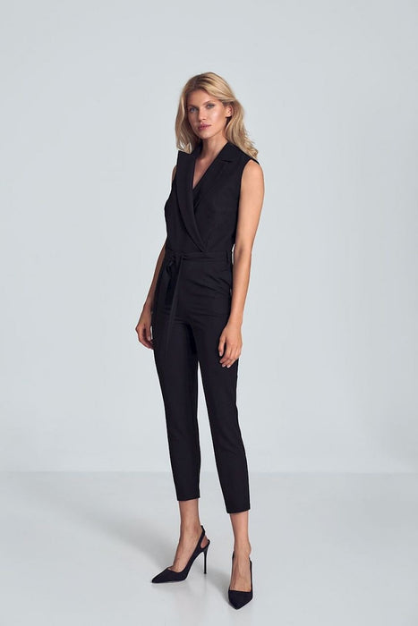 Chic Black Heart-Shape Jumpsuit with Collar and Waist Belt