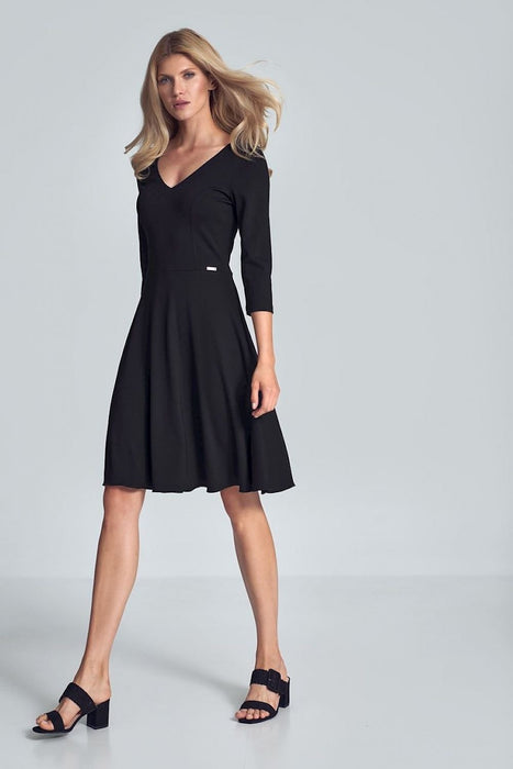 Chic Black V-Neck Midi Dress with Flared Skirt