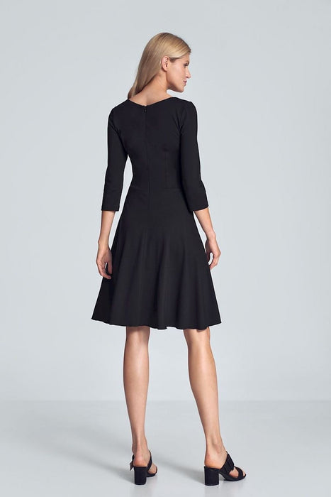 Chic Black V-Neck Midi Dress with Flared Skirt