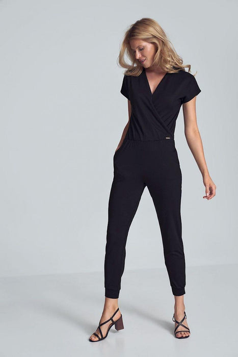 Elegant Black Jumpsuit with Trendy Envelope Neckline and Relaxed Elastic Waist