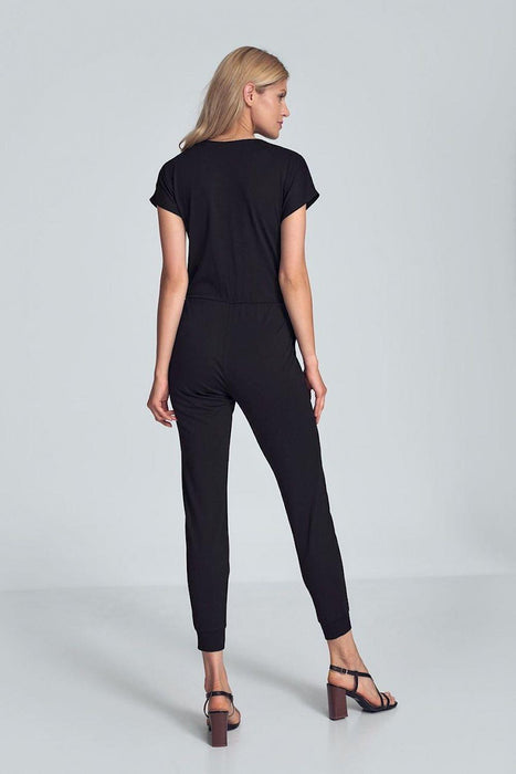 Elegant Black Jumpsuit with Trendy Envelope Neckline and Relaxed Elastic Waist