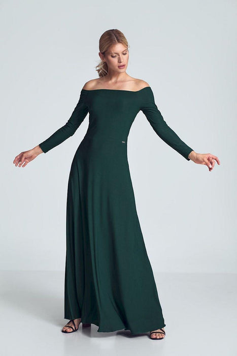 Elegant Off-Shoulder Black Maxi Gown with Pleated Bust and Defined Waist