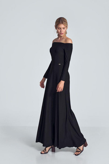 Elegant Off-Shoulder Black Maxi Gown with Pleated Bust and Defined Waist