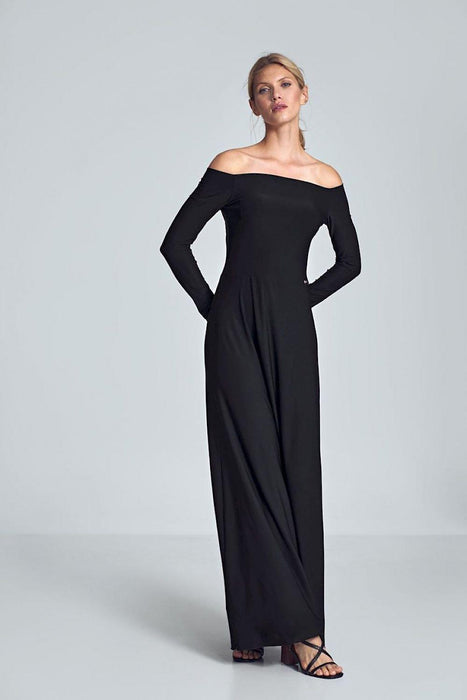 Elegant Off-Shoulder Black Maxi Gown with Pleated Bust and Defined Waist