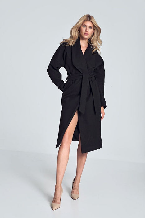 Elegant Black 7/8 Length Coat with Oversized Collar and Waist Tie