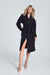 Elegant Black 7/8 Length Coat with Oversized Collar and Waist Tie