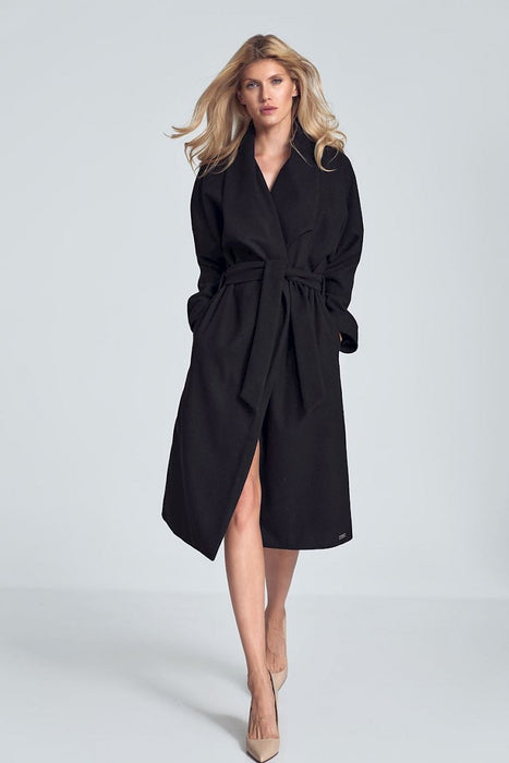 Elegant Black 7/8 Length Coat with Oversized Collar and Waist Tie