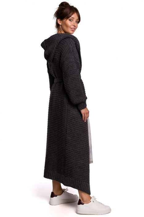 Warm Knitted Hooded Cardigan with Waist Tie