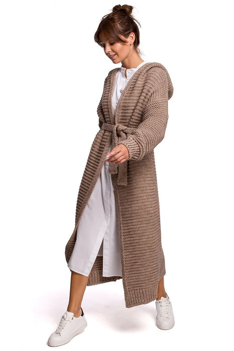 Warm Knitted Hooded Cardigan with Waist Tie