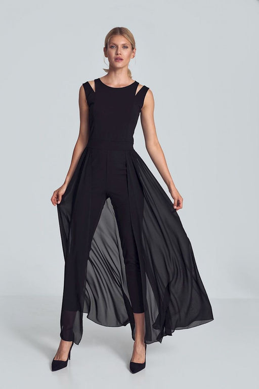 Elegant Black Chiffon Jumpsuit with Chic Shoulder Detail