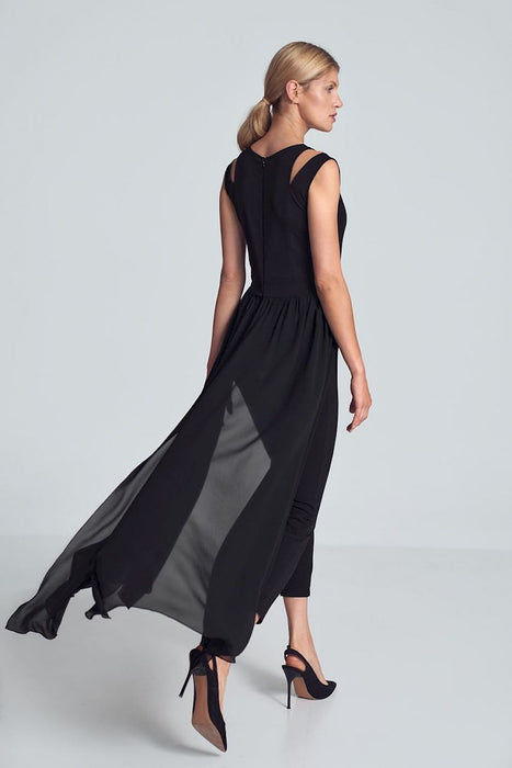 Elegant Black Chiffon Jumpsuit with Chic Shoulder Detail