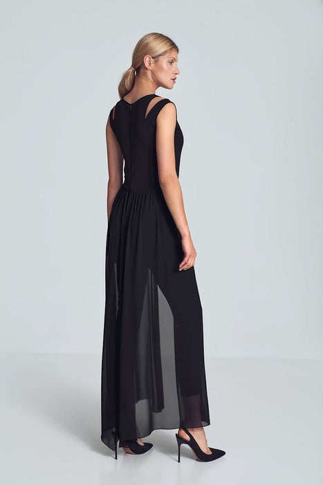 Elegant Black Chiffon Jumpsuit with Chic Shoulder Detail