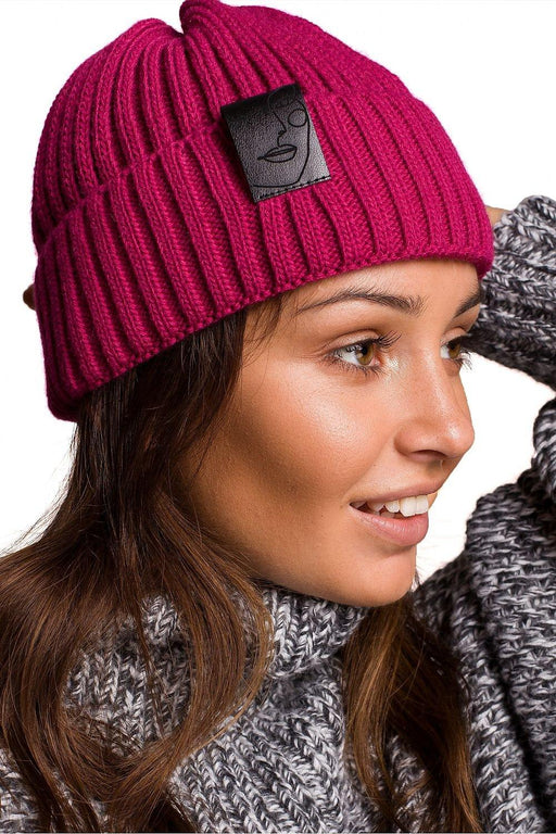 Trendy Acrylic Knit Beanie with Stylish Faux-Leather Face Detail