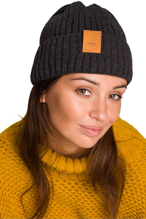 Trendy Acrylic Knit Beanie with Stylish Faux-Leather Face Detail