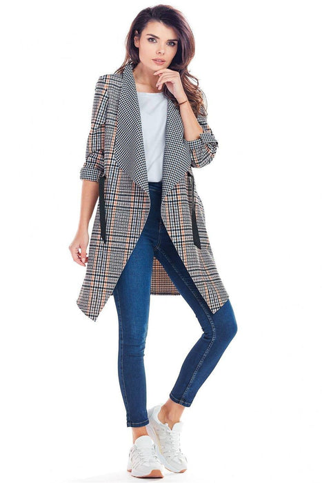 Elegant Adjustable Plaid Jacket with Decorative Sleeves & Waist Cinch