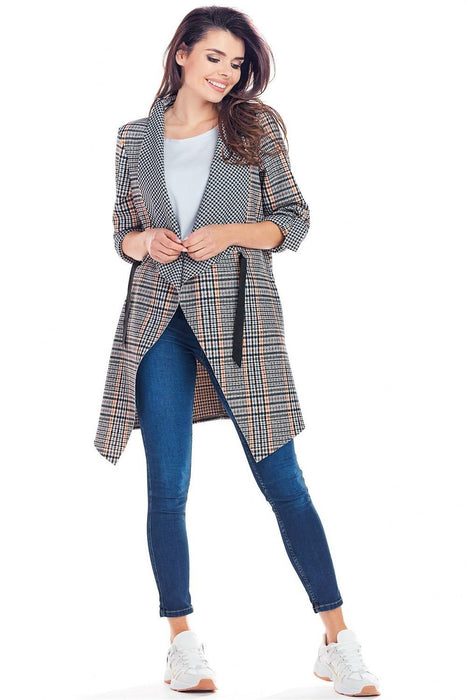 Elegant Adjustable Plaid Jacket with Decorative Sleeves & Waist Cinch