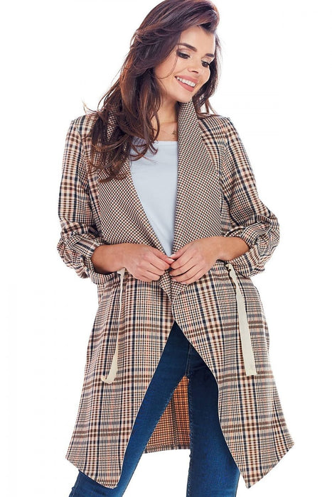 Elegant Adjustable Plaid Jacket with Decorative Sleeves & Waist Cinch