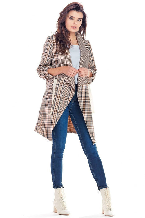 Elegant Adjustable Plaid Jacket with Decorative Sleeves & Waist Cinch