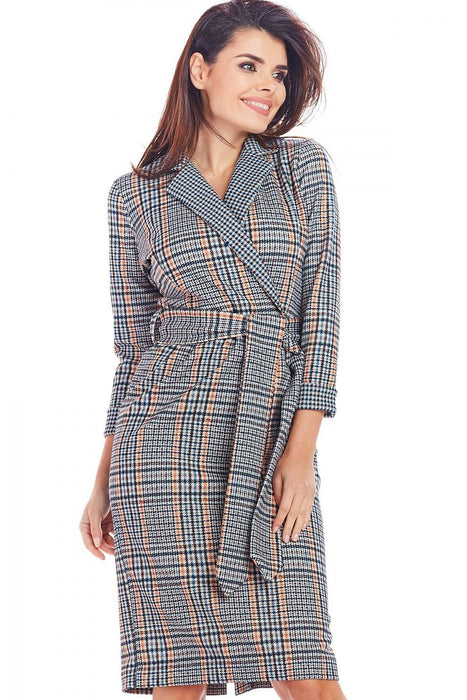 Chic Checkered Midi Dress with Waist Belt for Office Elegance