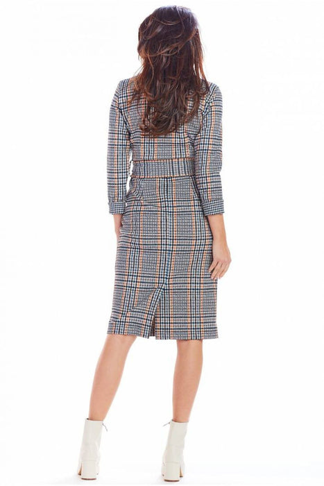 Chic Checkered Midi Dress with Waist Belt for Office Elegance