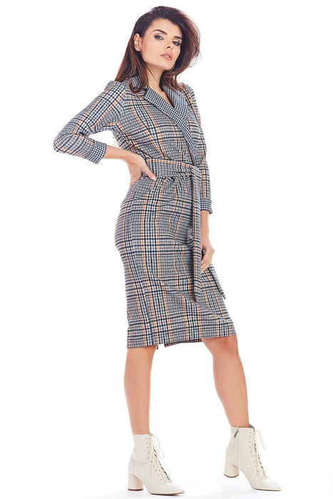 Chic Checkered Midi Dress with Waist Belt for Office Elegance