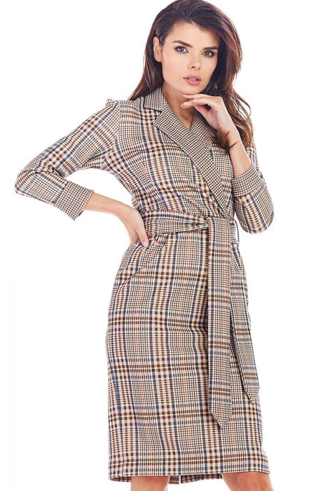 Chic Checkered Midi Dress with Waist Belt for Office Elegance