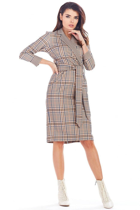 Chic Checkered Midi Dress with Waist Belt for Office Elegance