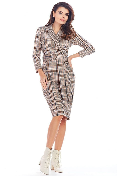 Chic Checkered Midi Dress with Waist Belt for Office Elegance