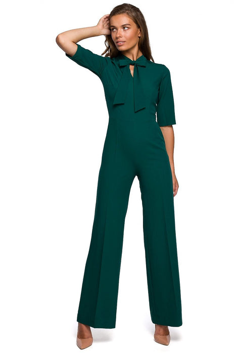 Chic V-Neck Wide-Leg Jumpsuit with Fashionable Tie Detail