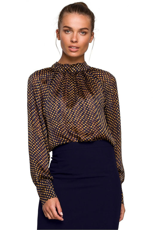 Chic Chiffon Blouse with Striped and Dotted Design and Back Tie