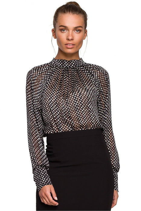 Chic Chiffon Blouse with Striped and Dotted Design and Back Tie