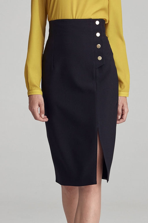 Chic Gold-Buttoned Knee-Length Pencil Skirt