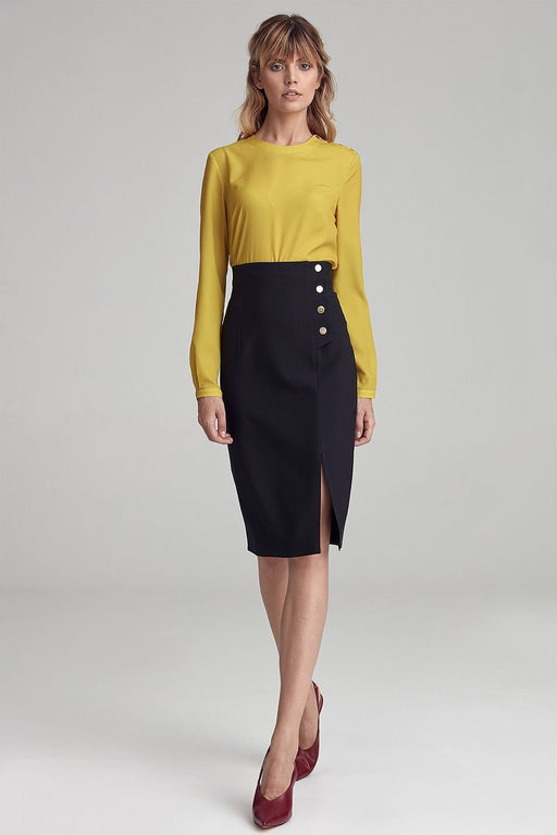 Chic Gold-Buttoned Knee-Length Pencil Skirt