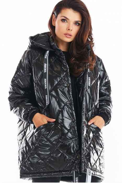 Trendy Oversized Quilted Hooded Jacket with Logo Tape