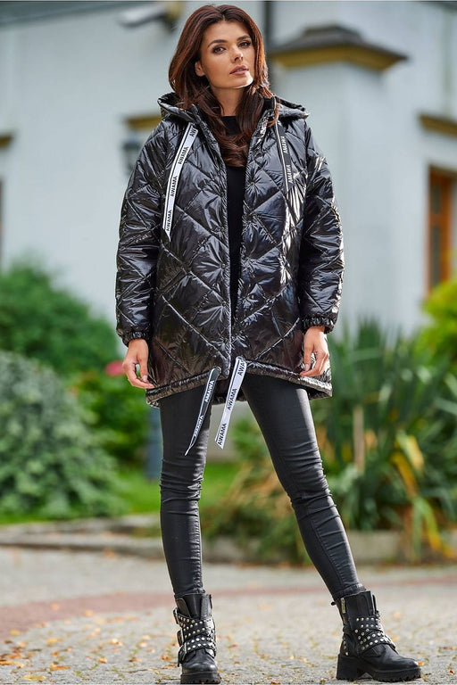 Trendy Oversized Quilted Hooded Jacket with Logo Tape