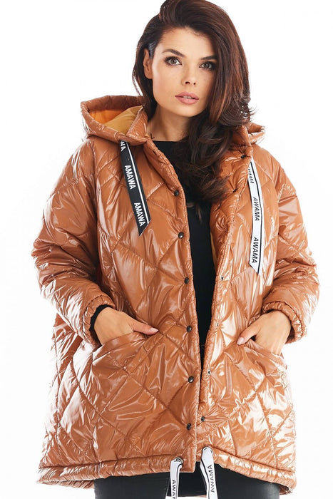 Trendy Oversized Quilted Hooded Jacket with Logo Tape