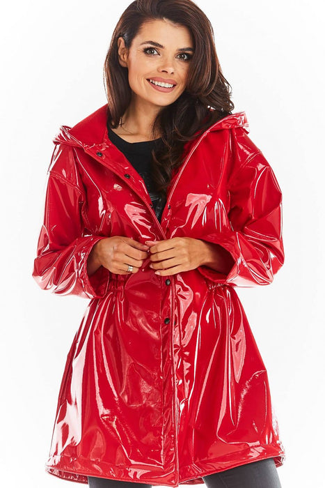 Stylish Waterproof Flared Vinyl Coat with Adjustable Waist - Black and Red