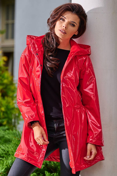 Stylish Waterproof Flared Vinyl Coat with Adjustable Waist - Black and Red