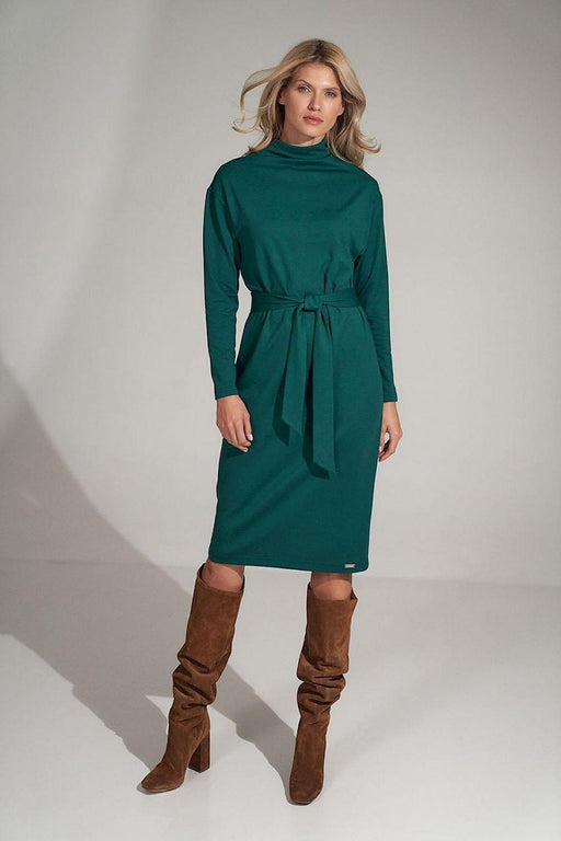 Sophisticated Black Midi Dress with Turtleneck and Flowing Sleeves