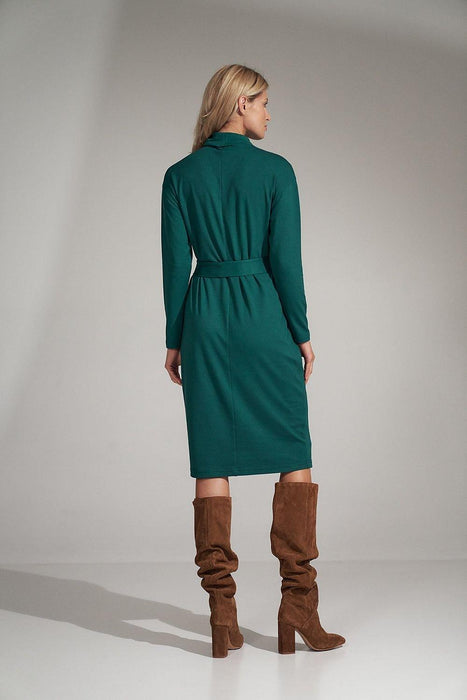 Sophisticated Black Midi Dress with Turtleneck and Flowing Sleeves