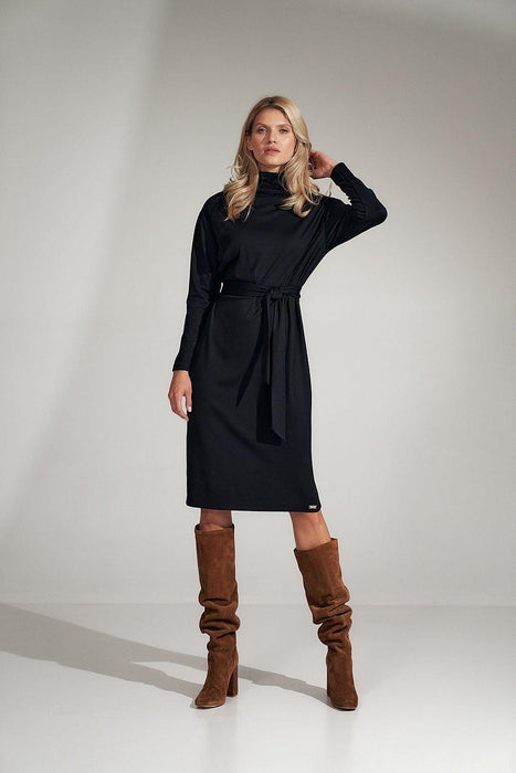 Sophisticated Black Midi Dress with Turtleneck and Flowing Sleeves