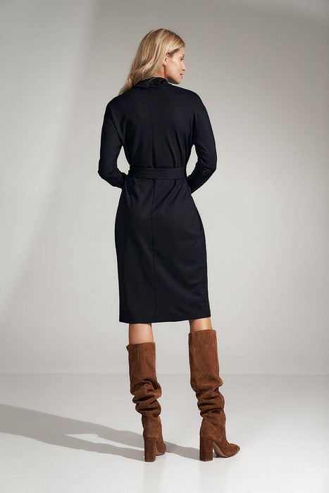 Sophisticated Black Midi Dress with Turtleneck and Flowing Sleeves