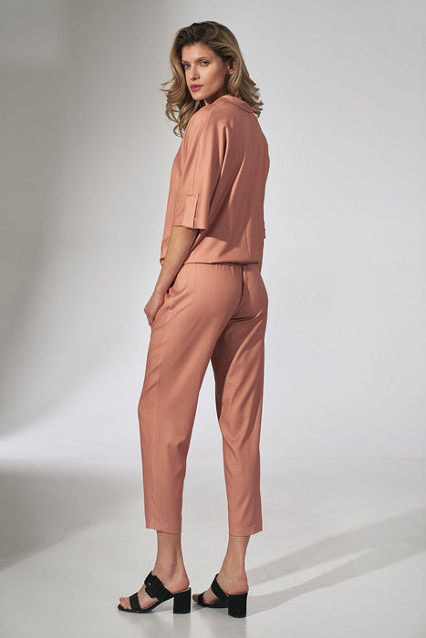 Elegant Beige Tapered Trousers with Stitched Edges and Elastic Waistband