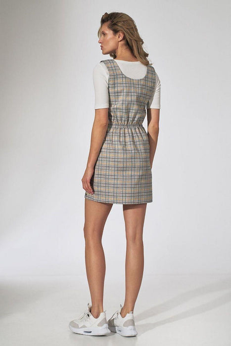 Chic Checkered Midi Dress with Stylish Braces and Functional Pockets